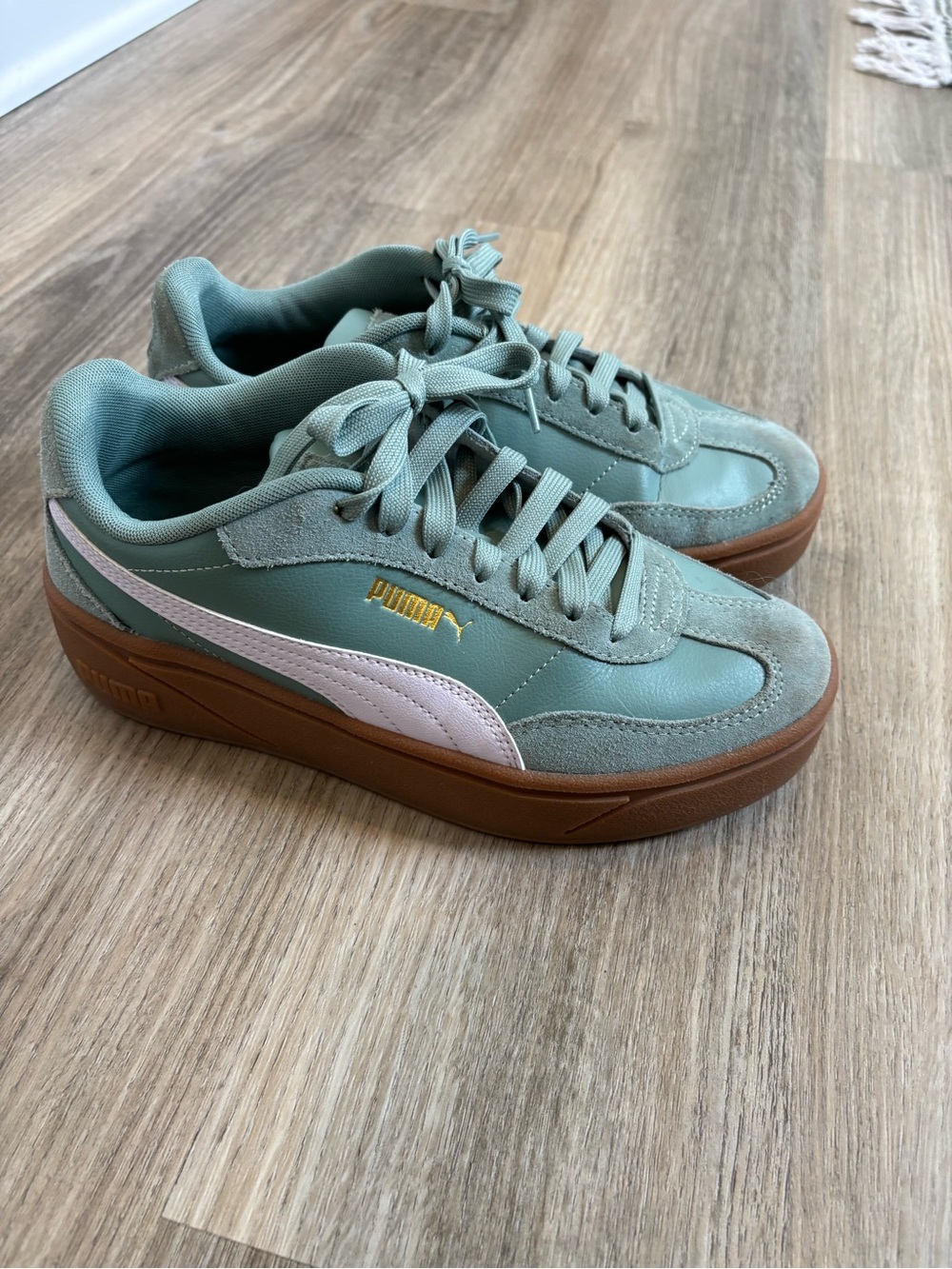 Puma Mint Green & White Platform Sneakers with Gum Sole